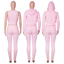 Load image into Gallery viewer, Solid Hooded Coat+Tank Top+Pants 3 Piece Sets