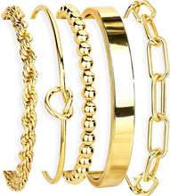 Load image into Gallery viewer, Gokeey Gold Bracelets Set for Women Non Tarnish, Waterproof 14K Gold Plated Sterling Silver Chunky Cuff Bracelet Stackable Gold Bangles Bracelet for Women Trendy Fashion Accessories Tie Knot Cuban Rope Paperclip Beaded Bracelet Stack Jewelry Mothers Day G