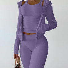 Load image into Gallery viewer, Solid Hooded Coat+Tank Top+Pants 3 Piece Sets