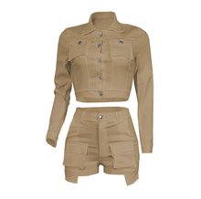 Load image into Gallery viewer, Solid Color Long Sleeve Casual Two Piece Shorts Set