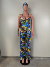 Load image into Gallery viewer, Sleeveless Sling Painted Print Backless jumpsuit(With Headscarf)