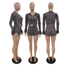 Load image into Gallery viewer, Single-breasted Striped Knit Two Piece Shorts Set