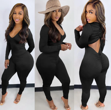 Load image into Gallery viewer, Solid V Neck Backless Drawstring Long Sleeve Jumpsuit