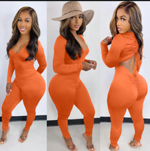 Load image into Gallery viewer, Solid V Neck Backless Drawstring Long Sleeve Jumpsuit