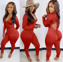 Load image into Gallery viewer, Solid V Neck Backless Drawstring Long Sleeve Jumpsuit