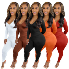 Load image into Gallery viewer, Solid V Neck Backless Drawstring Long Sleeve Jumpsuit