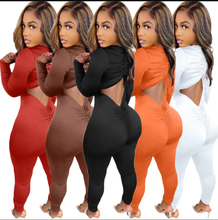 Load image into Gallery viewer, Solid V Neck Backless Drawstring Long Sleeve Jumpsuit