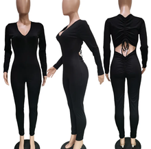 Load image into Gallery viewer, Solid V Neck Backless Drawstring Long Sleeve Jumpsuit