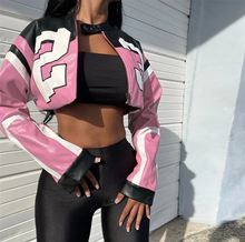 Load image into Gallery viewer, Contrast Color Embroidery Splicing Faux Leather Jacket