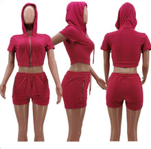 Load image into Gallery viewer, Solid Hooded Zipper Two Piece Shorts Sets