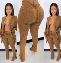 Load image into Gallery viewer, A Solid Ribbed Knit Bra Top+Cloak Coat+Split Pants 3 Piece Sets