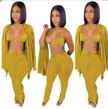 Load image into Gallery viewer, A Solid Ribbed Knit Bra Top+Cloak Coat+Split Pants 3 Piece Sets