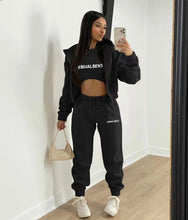 Load image into Gallery viewer, Plush Letter Print Hooded Sweatshirt Three Piece Pant Set