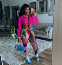 Load image into Gallery viewer, Solid Long SleeveTie-Up Top+Printed Pants 2 Piece Sets