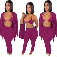 Load image into Gallery viewer, A Solid Ribbed Knit Bra Top+Cloak Coat+Split Pants 3 Piece Sets
