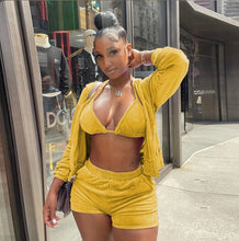 Load image into Gallery viewer, Velvet Hooded Zipper Coat+Bra Top+Shorts 3 Piece Sets