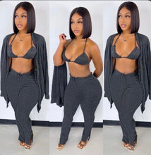 Load image into Gallery viewer, A Solid Ribbed Knit Bra Top+Cloak Coat+Split Pants 3 Piece Sets