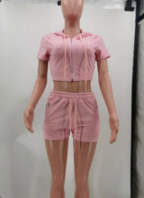 Load image into Gallery viewer, Solid Hooded Zipper Two Piece Shorts Sets