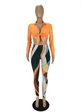 Load image into Gallery viewer, Solid Long SleeveTie-Up Top+Printed Pants 2 Piece Sets