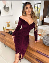 Load image into Gallery viewer, Sexy Velvet Drawstring Ruched Long Sleeve Midi Dress