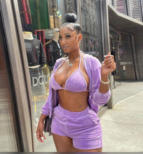 Load image into Gallery viewer, Velvet Hooded Zipper Coat+Bra Top+Shorts 3 Piece Sets