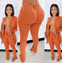 Load image into Gallery viewer, A Solid Ribbed Knit Bra Top+Cloak Coat+Split Pants 3 Piece Sets