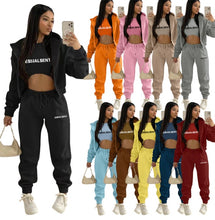 Load image into Gallery viewer, Plush Letter Print Hooded Sweatshirt Three Piece Pant Set