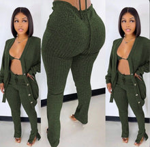 Load image into Gallery viewer, A Solid Ribbed Knit Bra Top+Cloak Coat+Split Pants 3 Piece Sets