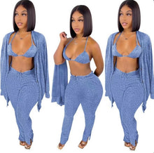 Load image into Gallery viewer, A Solid Ribbed Knit Bra Top+Cloak Coat+Split Pants 3 Piece Sets