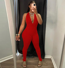 Load image into Gallery viewer, Sexy Solid Deep V Halter Backless Ruched Jumpsuit
