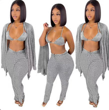 Load image into Gallery viewer, A Solid Ribbed Knit Bra Top+Cloak Coat+Split Pants 3 Piece Sets
