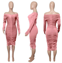 Load image into Gallery viewer, Sexy Velvet Drawstring Ruched Long Sleeve Midi Dress
