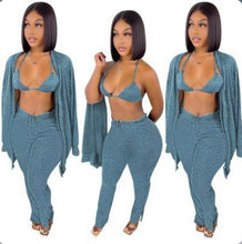 Load image into Gallery viewer, A Solid Ribbed Knit Bra Top+Cloak Coat+Split Pants 3 Piece Sets