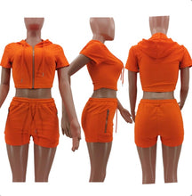 Load image into Gallery viewer, Solid Hooded Zipper Two Piece Shorts Sets
