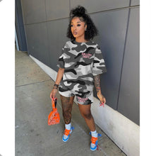 Load image into Gallery viewer, Camo Print Short Sleeve Casual Two Piece Set