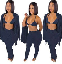 Load image into Gallery viewer, A Solid Ribbed Knit Bra Top+Cloak Coat+Split Pants 3 Piece Sets