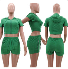 Load image into Gallery viewer, Solid Hooded Zipper Two Piece Shorts Sets