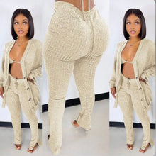 Load image into Gallery viewer, A Solid Ribbed Knit Bra Top+Cloak Coat+Split Pants 3 Piece Sets