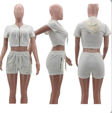 Load image into Gallery viewer, Solid Hooded Zipper Two Piece Shorts Sets