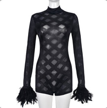 Load image into Gallery viewer, Long Sleeved Patchwork Feather Mesh Jumpsuit