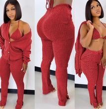 Load image into Gallery viewer, A Solid Ribbed Knit Bra Top+Cloak Coat+Split Pants 3 Piece Sets