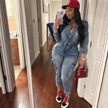 Load image into Gallery viewer, Fashion Long Sleeve Washed Denim Jumpsuit
