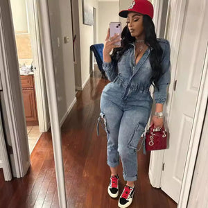 Fashion Long Sleeve Washed Denim Jumpsuit