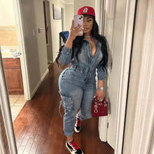 Load image into Gallery viewer, Fashion Long Sleeve Washed Denim Jumpsuit
