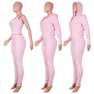 Solid Hooded Coat+Tank Top+Pants 3 Piece Sets