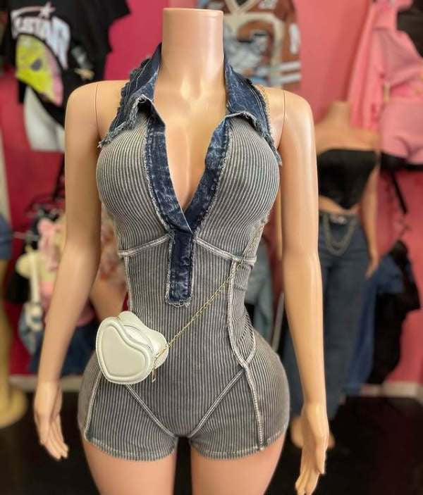 Lapel Sleeveless Denim Romper