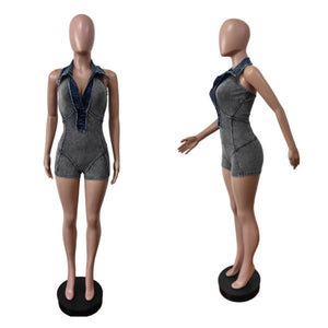 Lapel Sleeveless Denim Romper