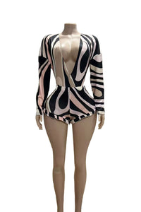 V Neck Long Sleeve Bodysuit Two Piece Shorts Set