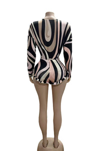 V Neck Long Sleeve Bodysuit Two Piece Shorts Set