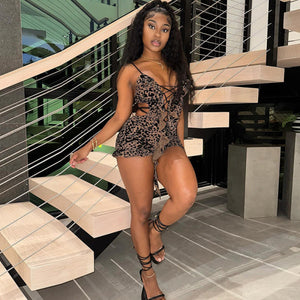 Printed Low-cut Hollow Out Lace-Up Romper